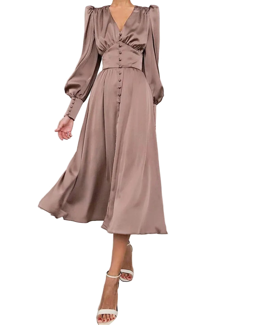 Rosamund | Women's V-Neck Button Front Midi Dress - Brown - Image 1
