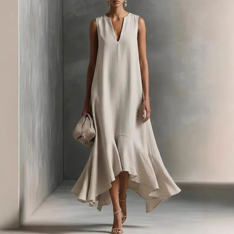 Rosamund | Women's V-Neck Ruffle Hem Maxi Dress - Beige - Image 1