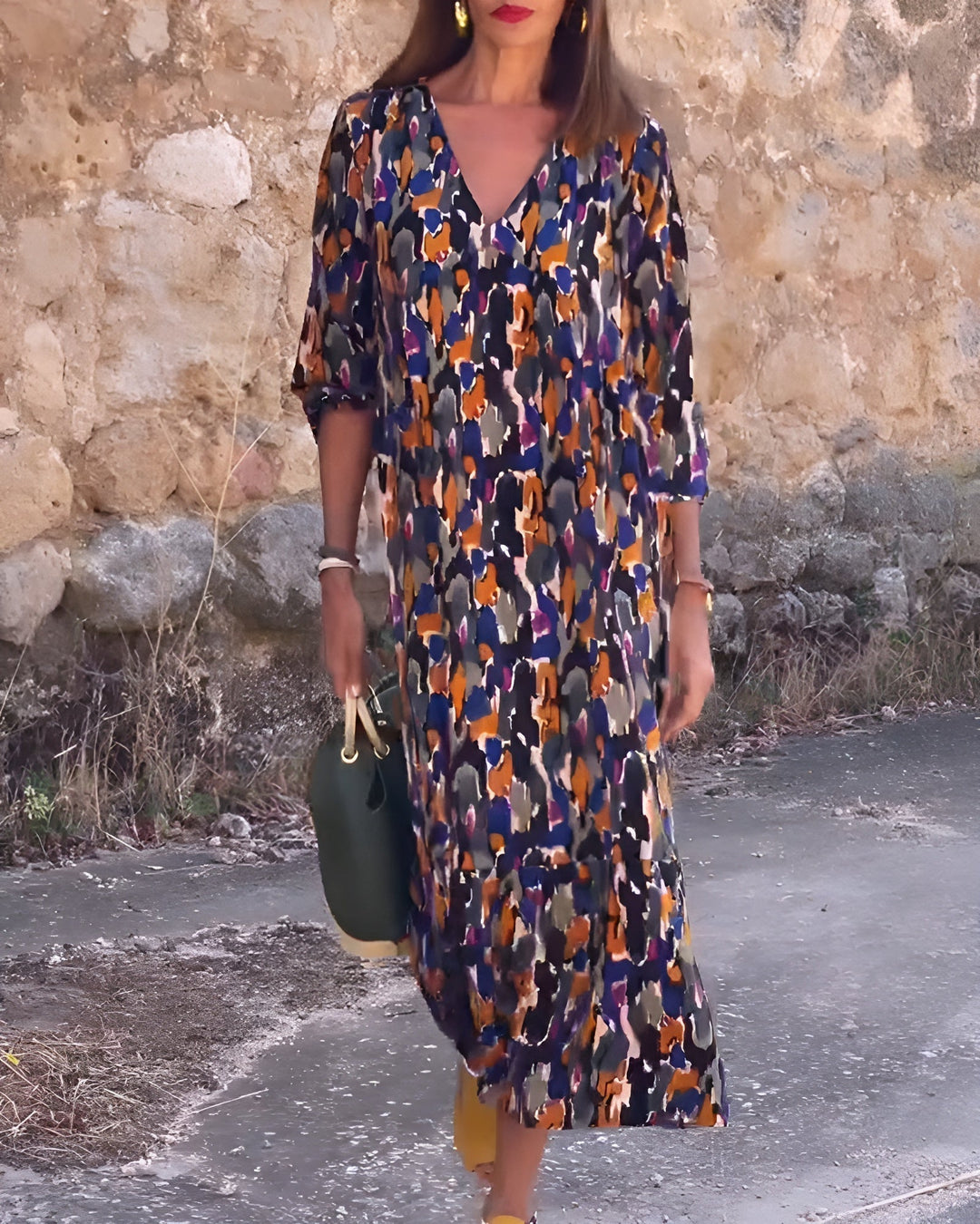 Rosemary | Women's V-Neck Abstract Print Midi Dress - Image 1