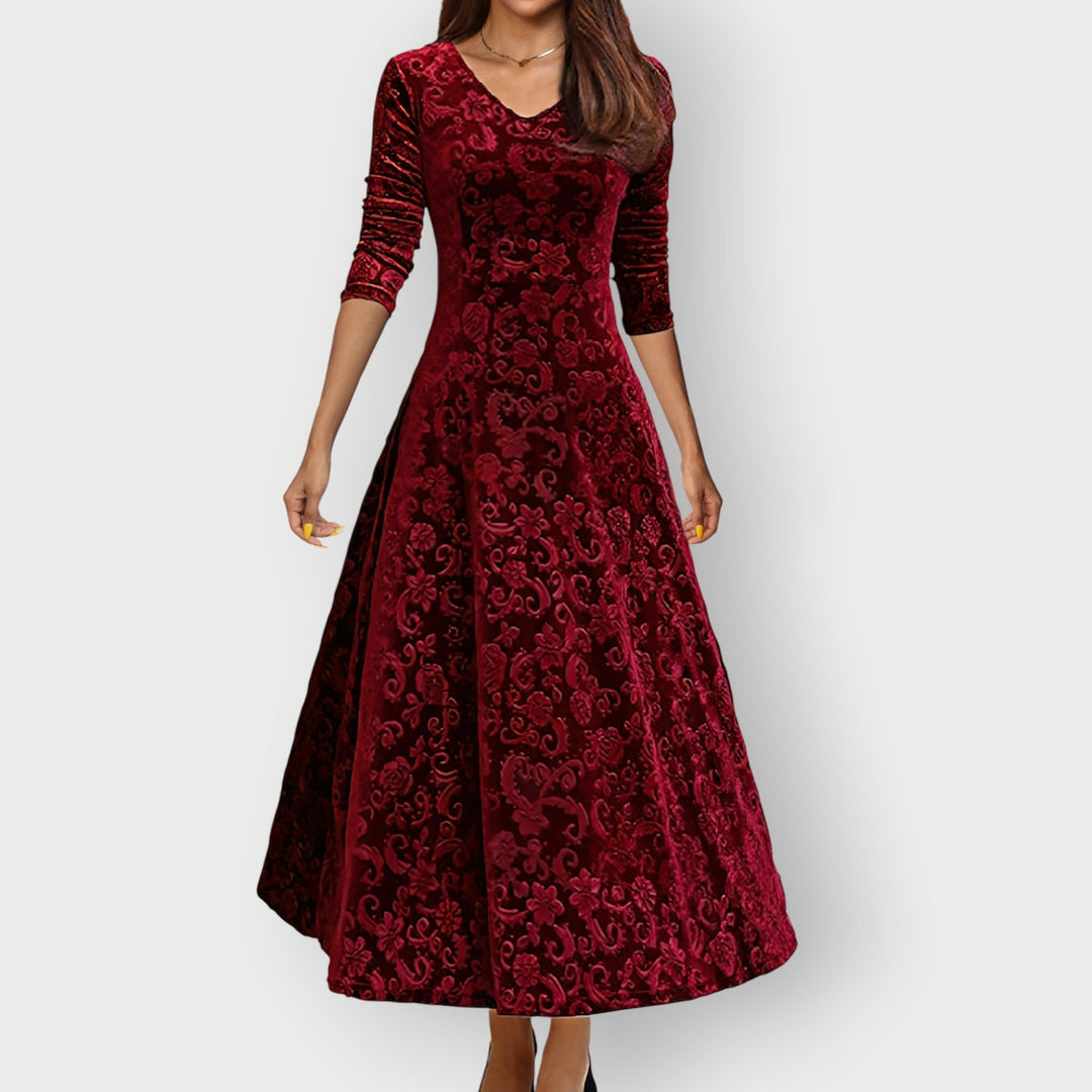 Rosemary | Women's V Neck Burgundy Midi Dress - Burgundy - Image 1