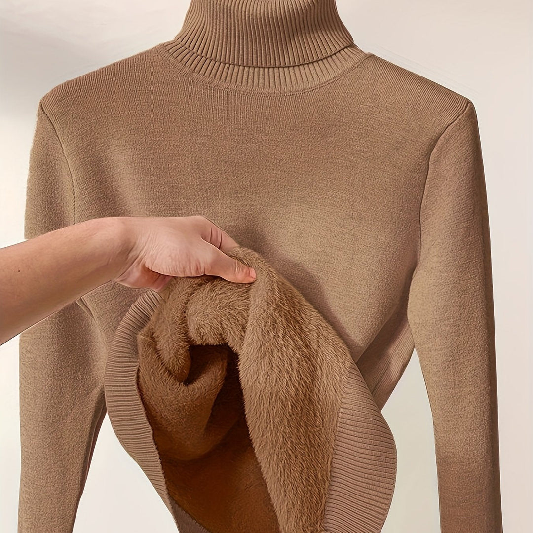 Rowena | Women's Fleece-Lined Turtleneck Jumper - Camel - Image 1
