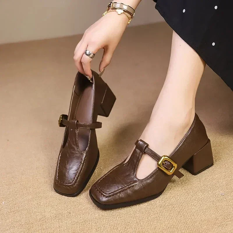 Rowena | Women's Square Toe Mary Jane Block Heels - Brown - Image 1