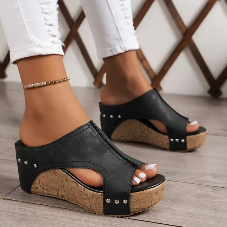Sabrina | Women's Platform Wedge Sandals - Black - Image 1