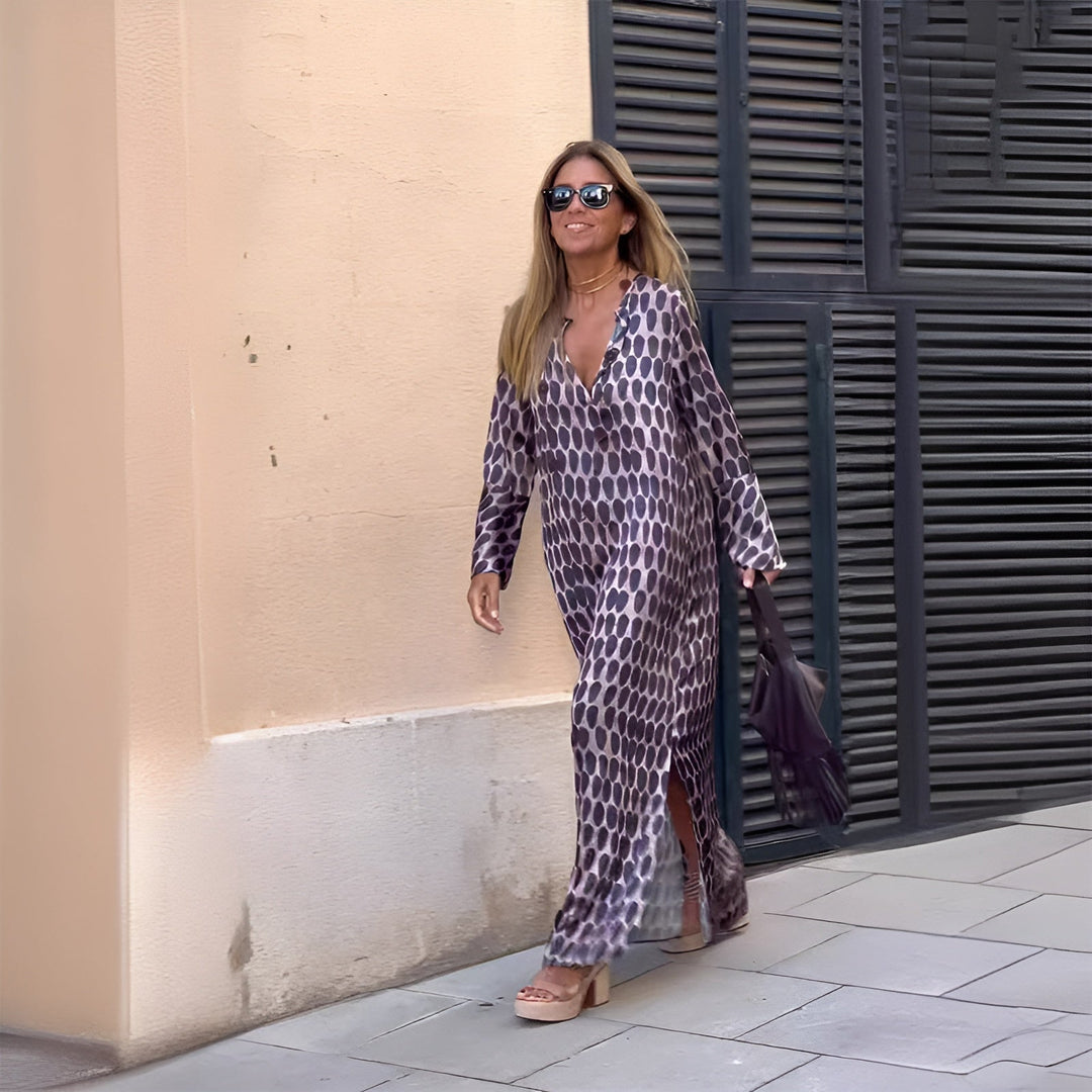 Saffron | Women's Printed Long Sleeve V Neck Maxi Dress - Purple - Image 1