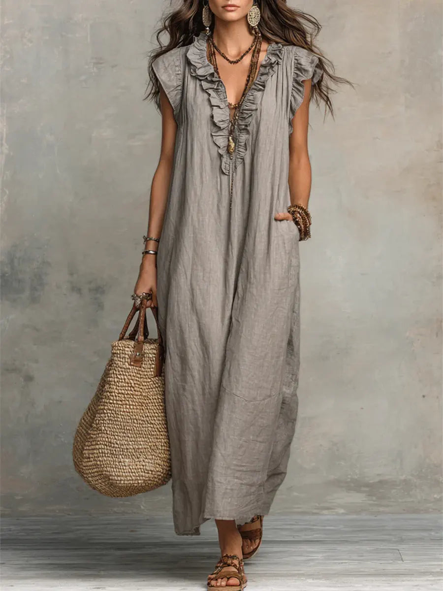 Sasha | Women's V Neck Ruffle Maxi Dress - Grey - Image 1
