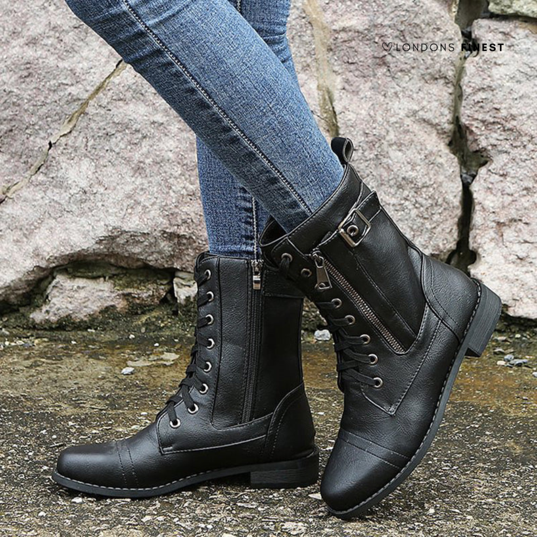 Saskia | Women's Lace Up Combat Boots - Black - Image 1
