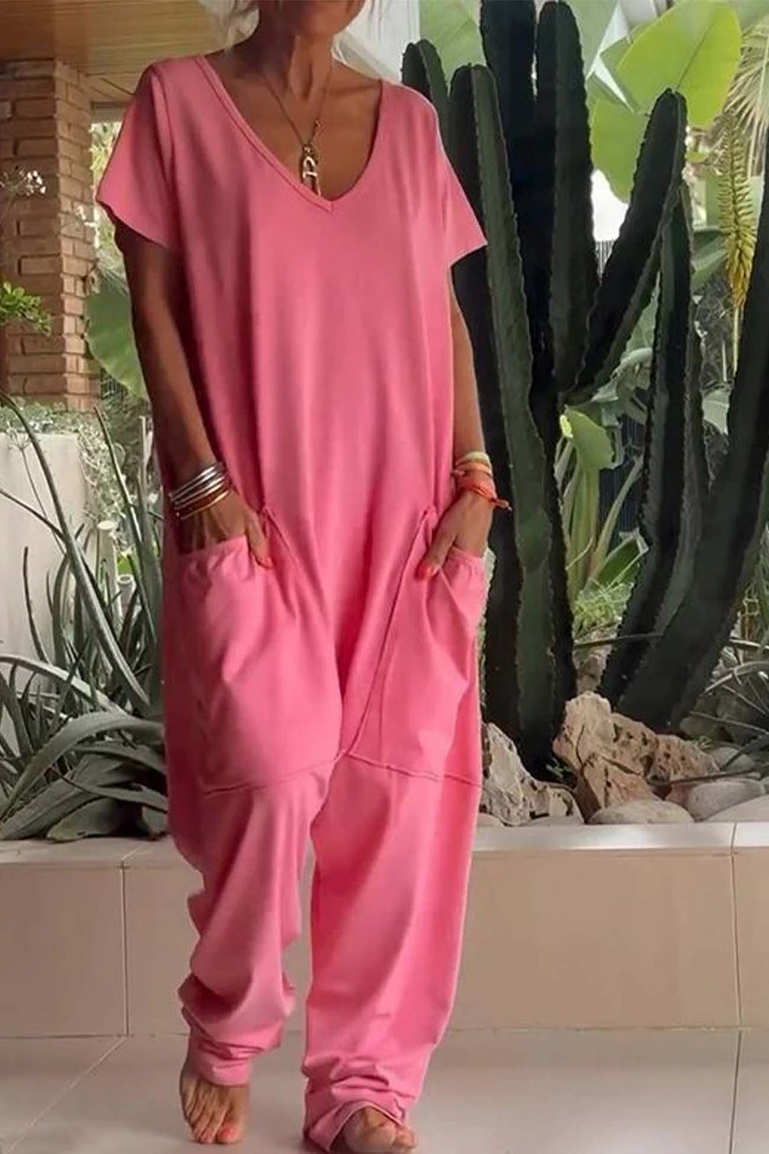 Saskia | Women's V Neck Short Sleeve Relaxed Jumpsuit - Pink - Image 1