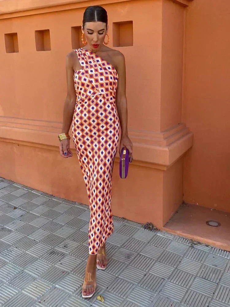 Senna | Women's One Shoulder Geometric Print Midi Dress - Image 1