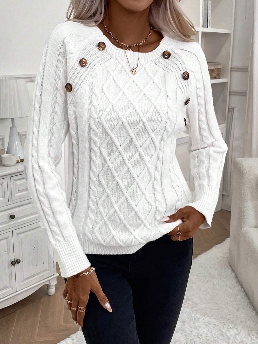 Serafina | Women's Cable Knit Button Detail Jumper - White - Image 1