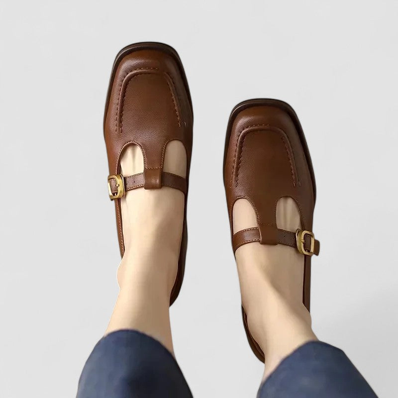 Seraphiel | Women's T-Strap Mary Jane Flats - Brown - Image 1