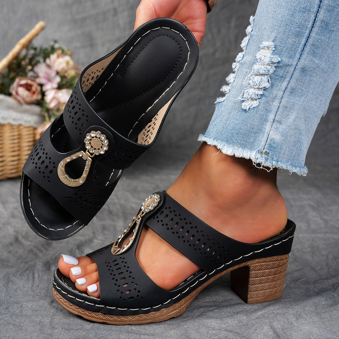 Seraphima | Women's Block Heel Rhinestone Sandals - Black - Image 1