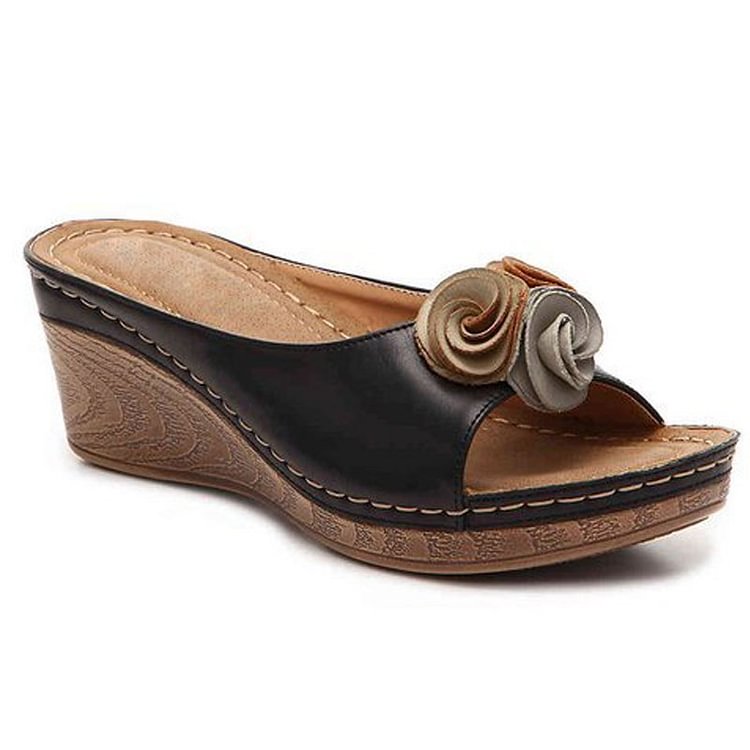 Seraphina | Women's Rose Ornament Wedge Sandal - Brown - Image 1