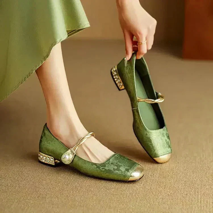 Seraphine | Women's Mary Jane Shoes with Pearl Strap Detail - Green - Image 1