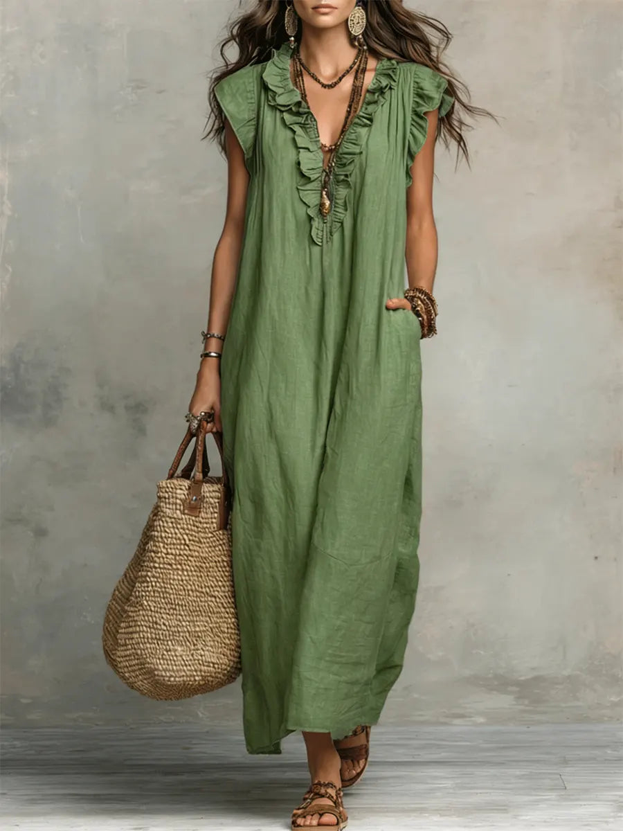 Seraphira | Women's Ruffle V-Neck Sleeveless Maxi Dress - Green - Image 1