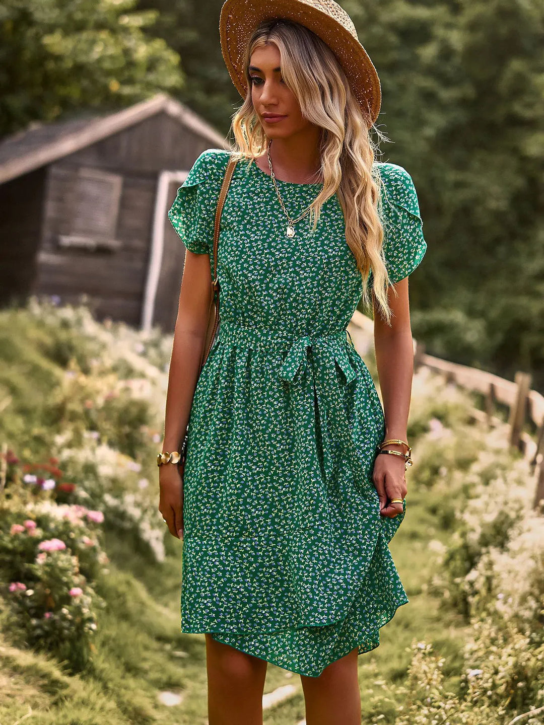 Serendipity | Damen Midi-Kleid mit kurzen Ärmeln und Blumenmuster - Blumenmuster - Bild 4