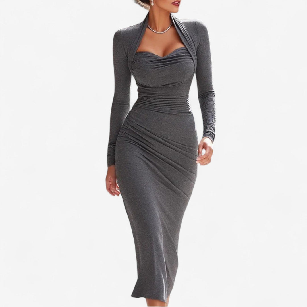 Serenity | Women's Halter Long Sleeve Midi Dress - Grey - Image 1
