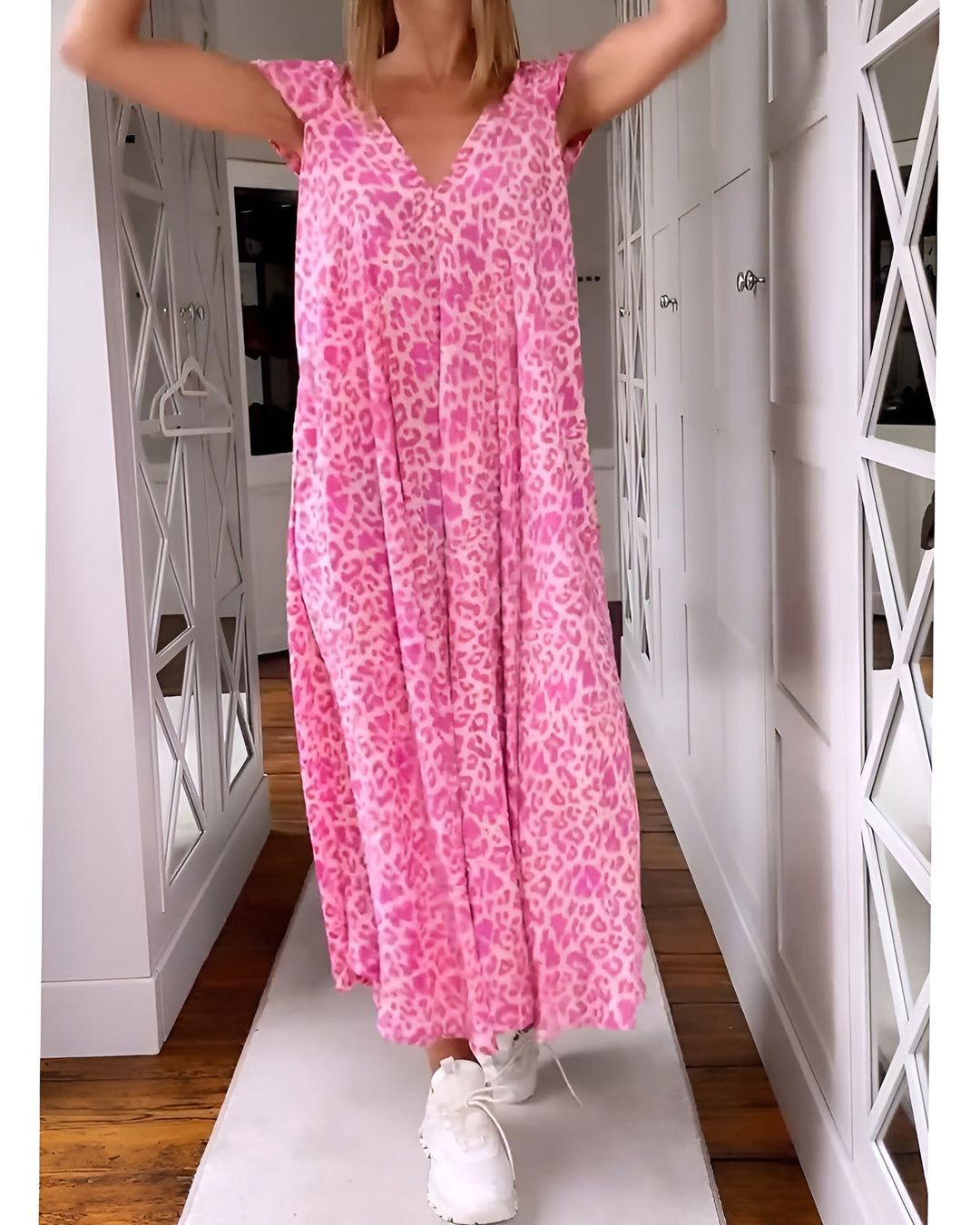Tabatha | Women's V Neck Leopard Print Maxi Dress - Pink - Image 1