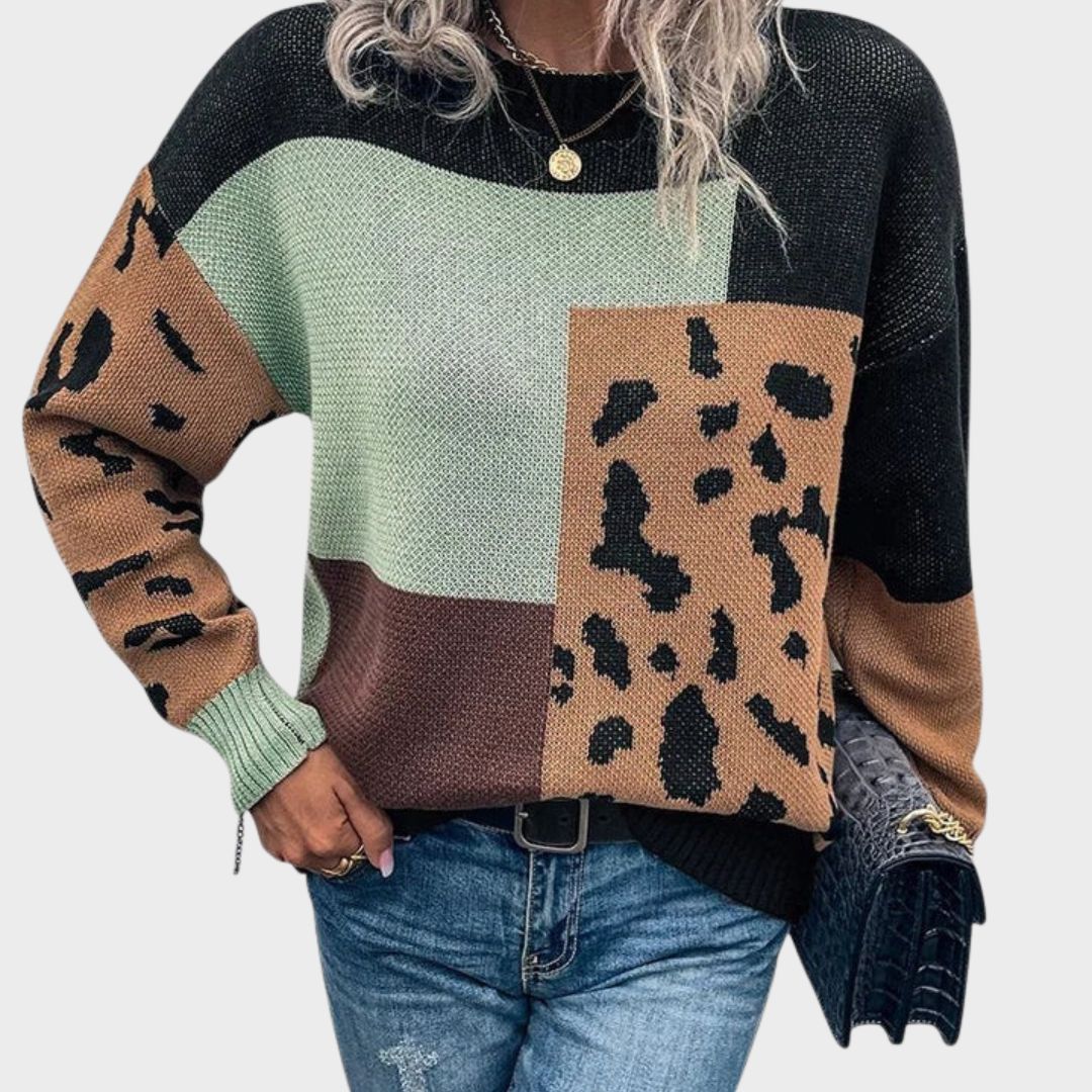 Tabea | Women's Leopard Print Colour Block Sweater - Image 1