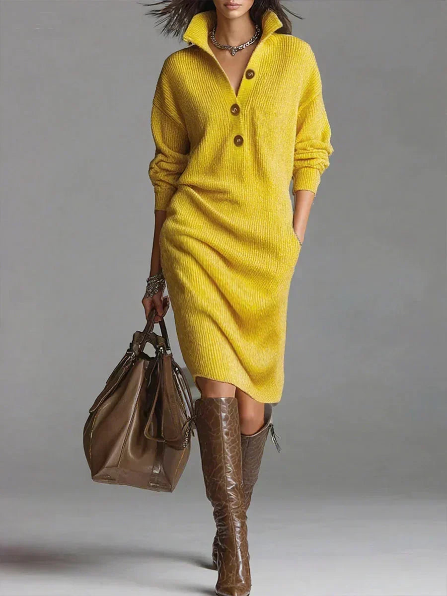 Tabitha | Women's Yellow Long Sleeve Knit Dress - Yellow - Image 1