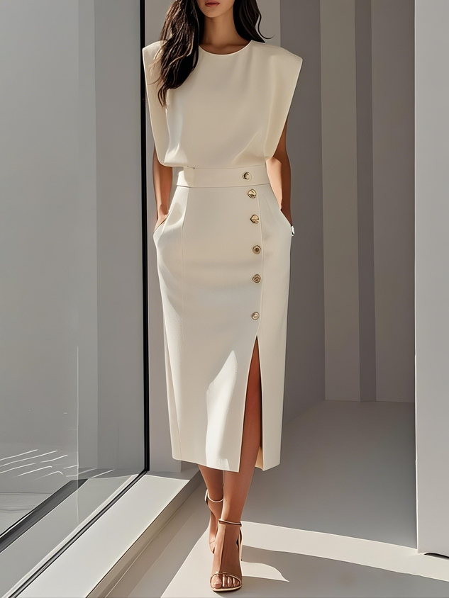 Tallulah | Women's Button Detail Midi Dress - Beige - Image 1