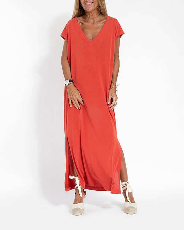 Tallulah | Women's V-Neck Short Sleeve Maxi Dress - Orange - Image 1