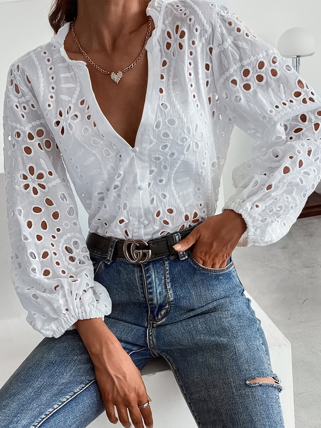 Talluliana | Women's V-Neck Long Sleeve Embroidered Blouse - White - Image 1