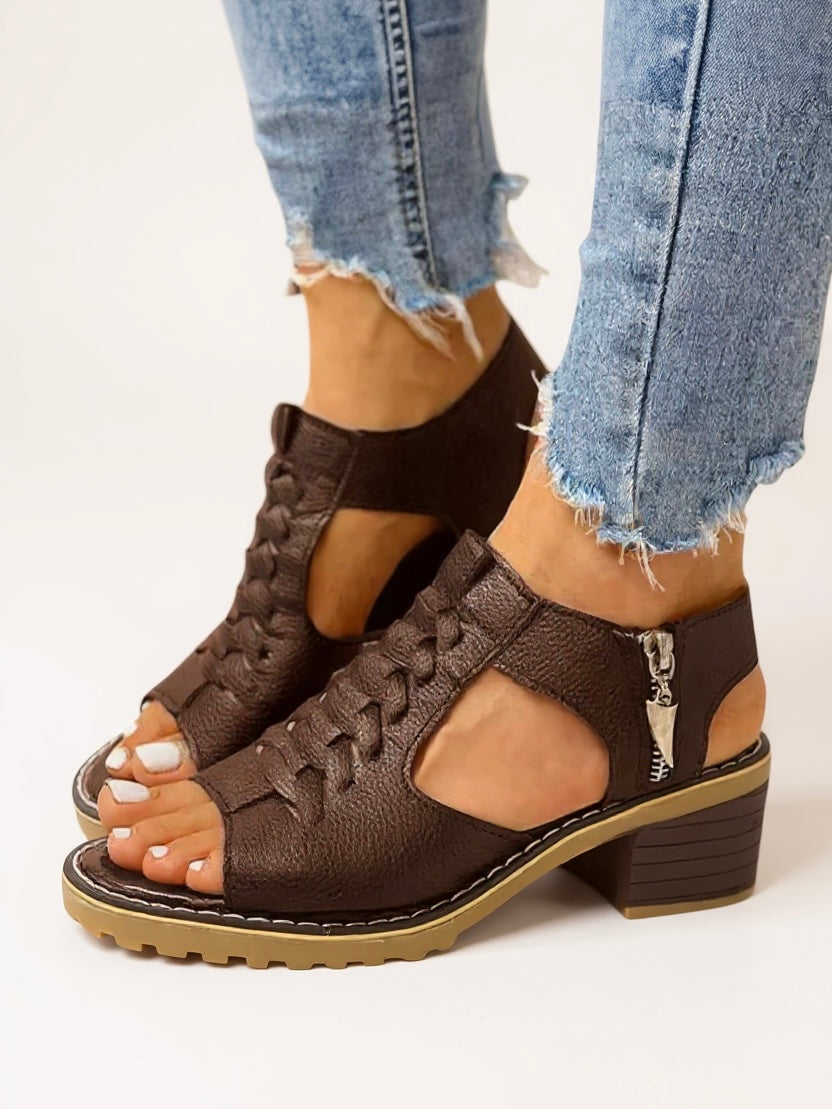 Tamara | Women's Block Heel Zip Sandals - Brown - Image 1