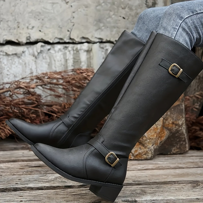 Tamsin | Women's Knee-High Boots with Buckle Strap - Black - Image 1