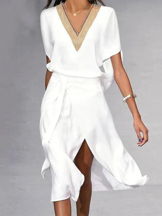 Tamsin | Women's V-Neck Short Sleeve Midi Dress - White - Image 1