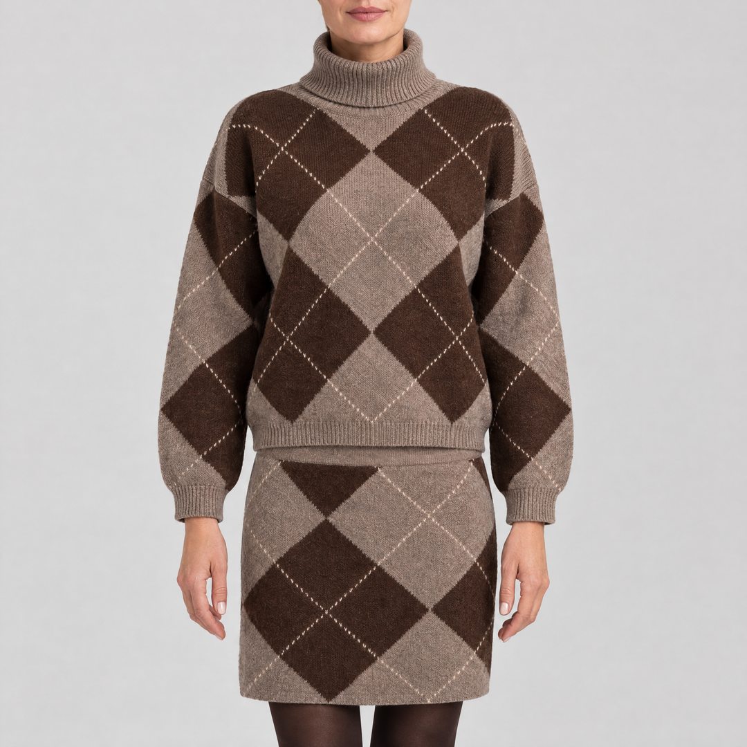 Thelvorn | Women's Argyle Roll Neck Jumper Knit Set - Brown - Image 1