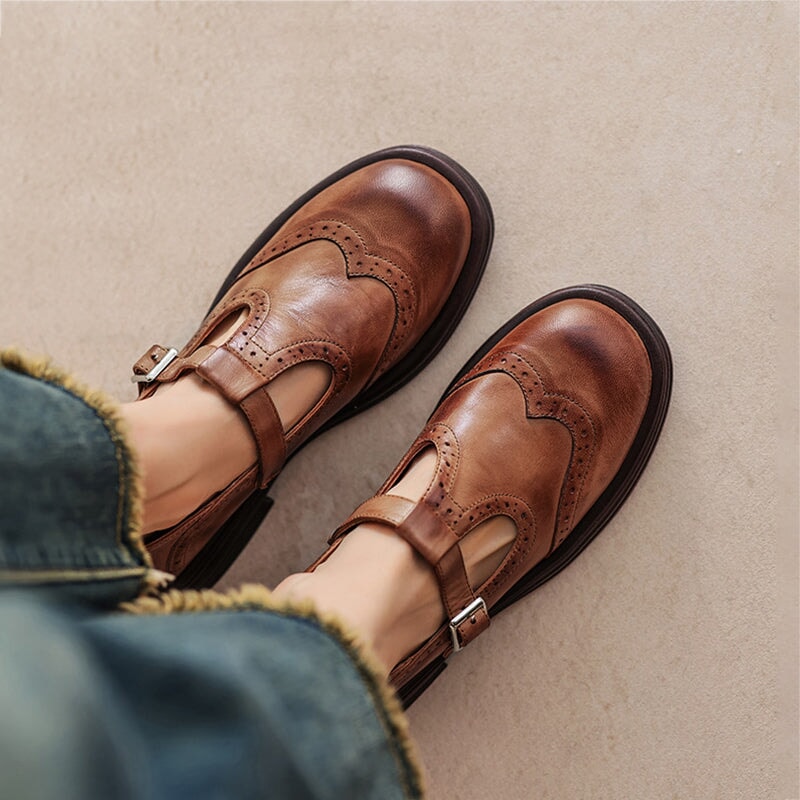 Theodora | Women's T-Strap Mary Jane Block Heel Shoes - Brown - Image 1