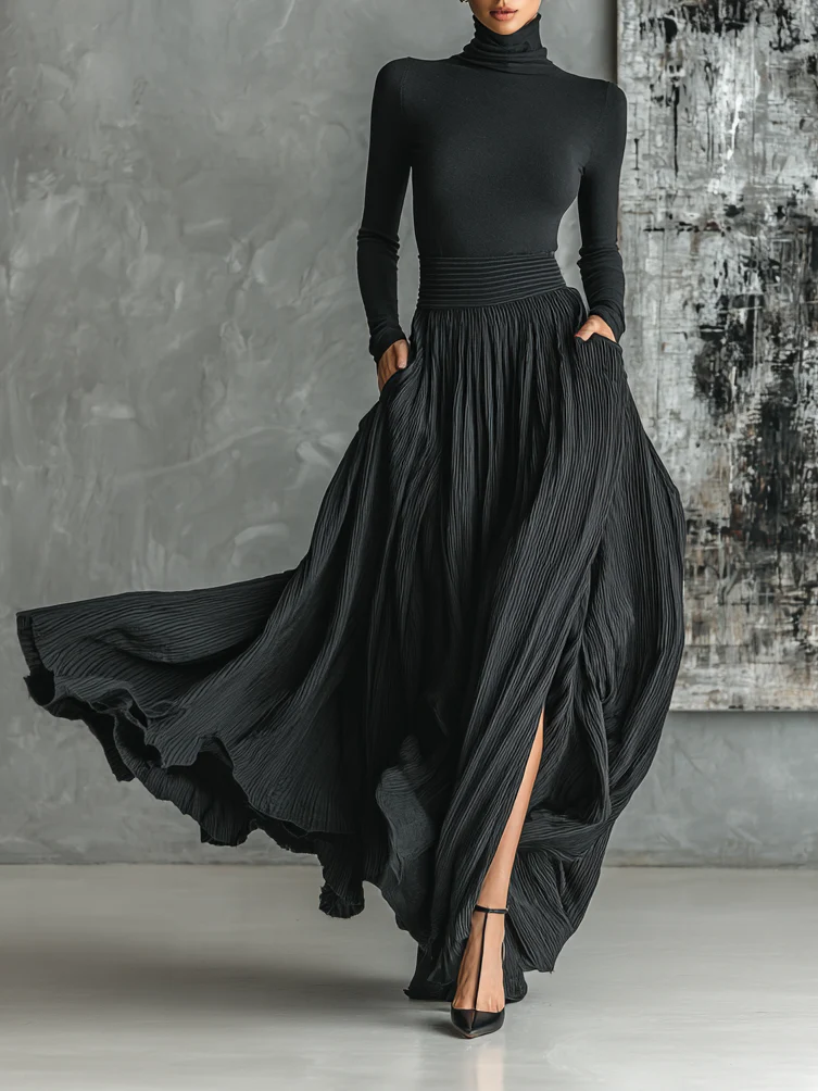 Theodora | Women's Turtleneck Pleated Skirt Set - Black - Image 1