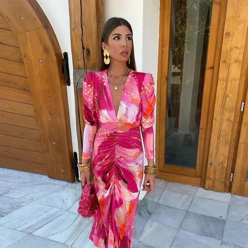 Thessadora | Women's Printed Long Sleeve Wrap Maxi Dress - Pink - Image 1