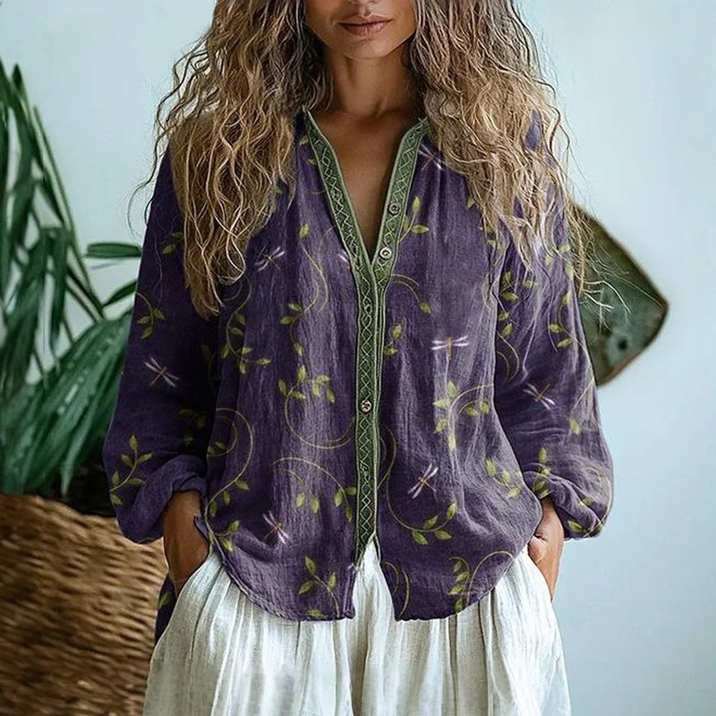 Thessalonica | Women's Floral V-Neck Long Sleeve Blouse - Purple - Image 1