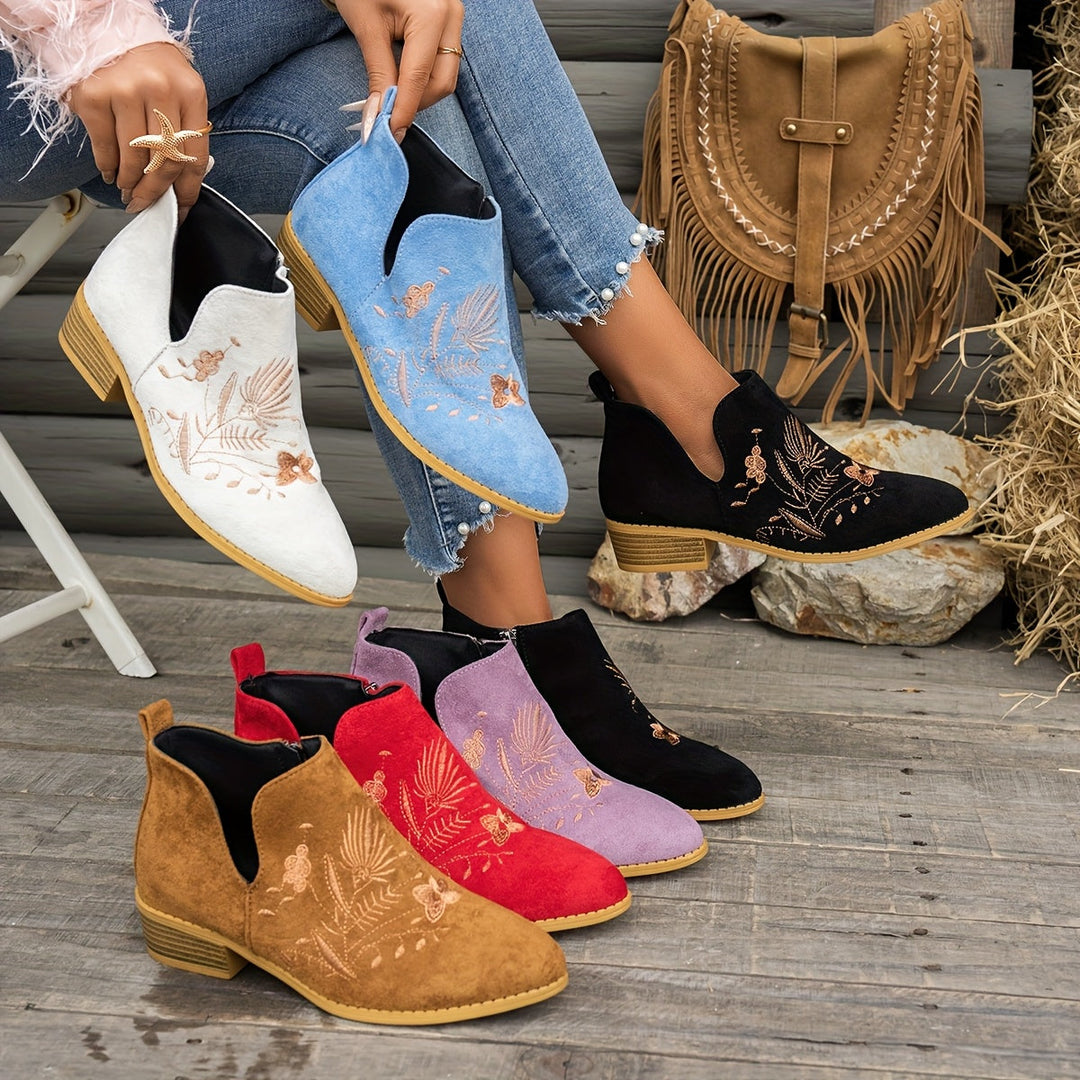 Thessaly | Women's Embroidered Ankle Boots Low Heel - Image 1