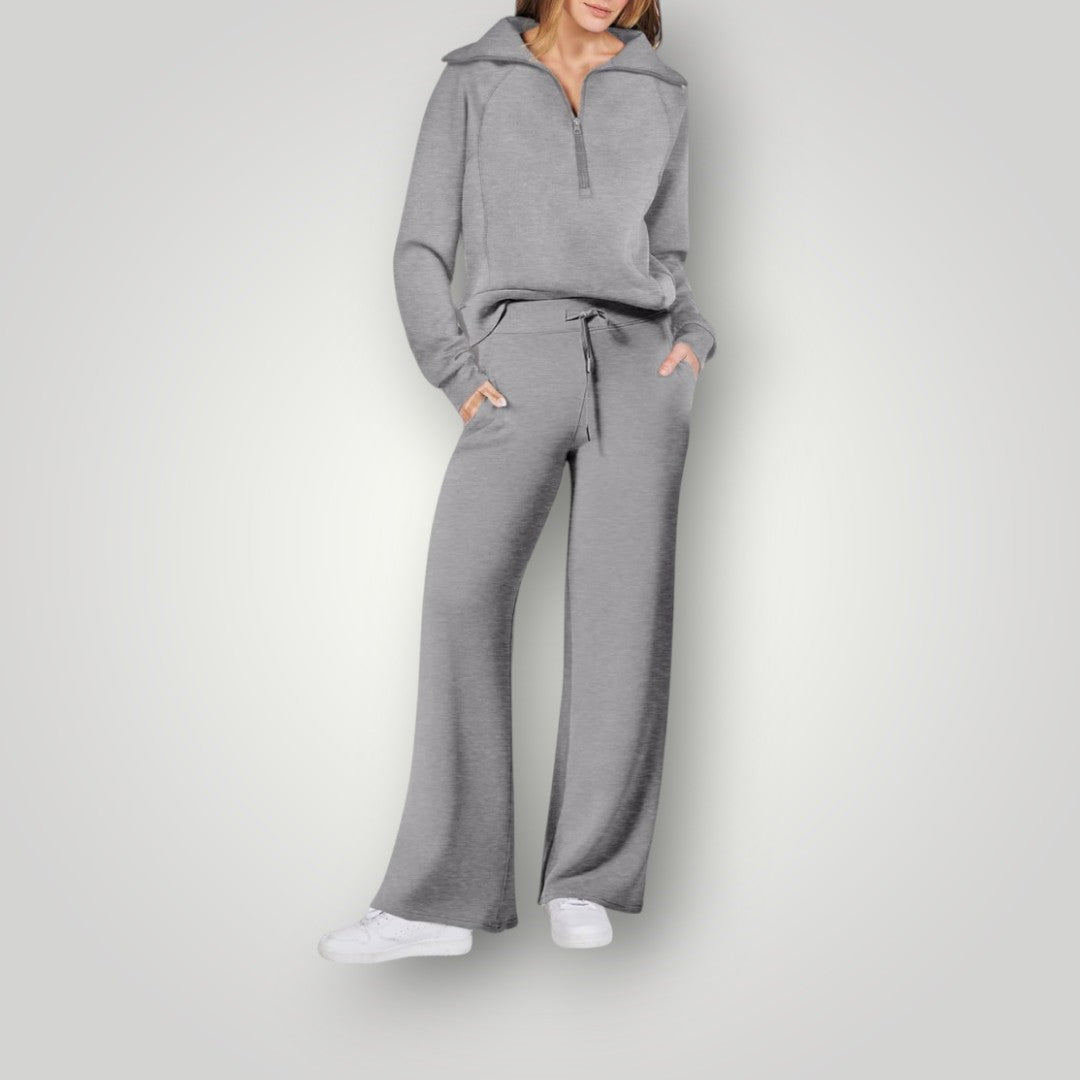 Thessaly | Women's Half Zip Hoodie Wide Leg Joggers Set - Grey - Image 1
