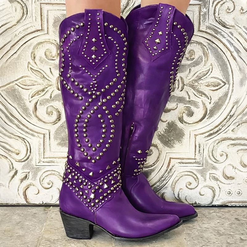 Thessaly | Women's Purple Studded Knee High Boots - Purple - Image 1