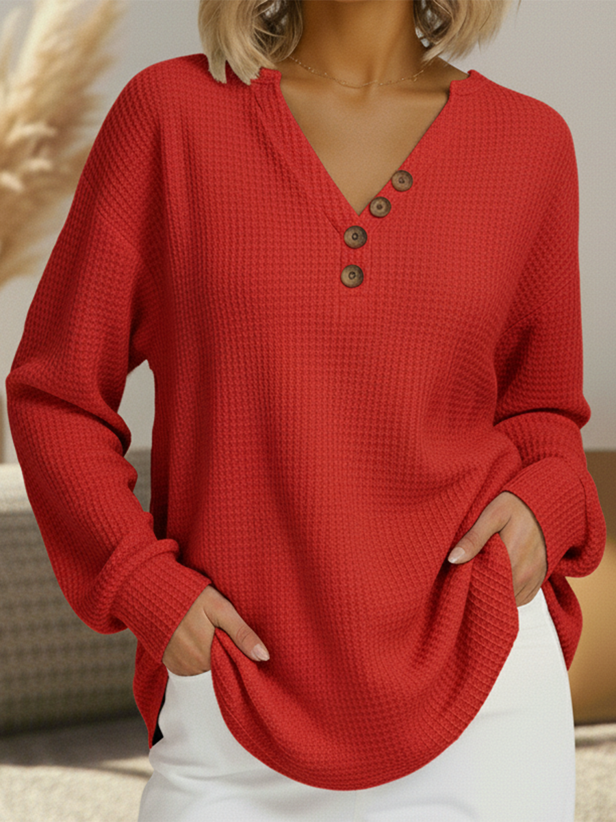 Thessaly | Women's V-Neck Waffle Knit Sweater - Red - Image 1