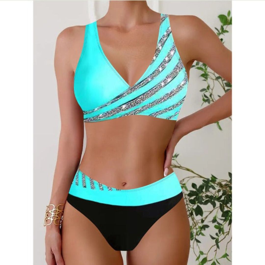 Thessara | Women's V-Neck Printed Bikini Set - Teal - Image 1