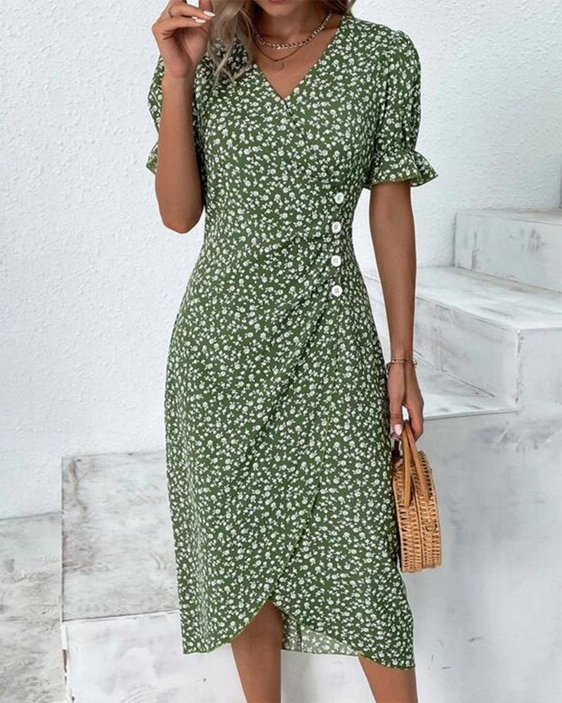 Thessarian | Women's Floral V-Neck Wrap Midi Dress - Green - Image 1