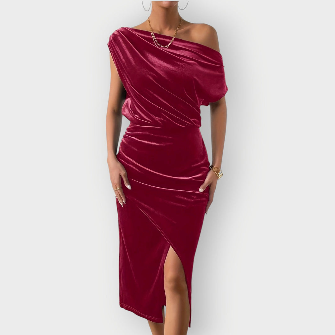Valentina | Women's Off Shoulder Fitted Midi Dress - Burgundy - Image 1