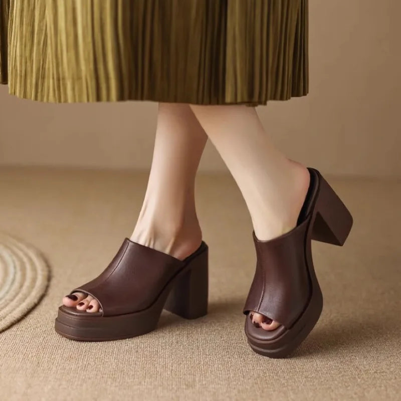 Valentina | Women's Platform Block Heel Sandals - Brown - Image 1