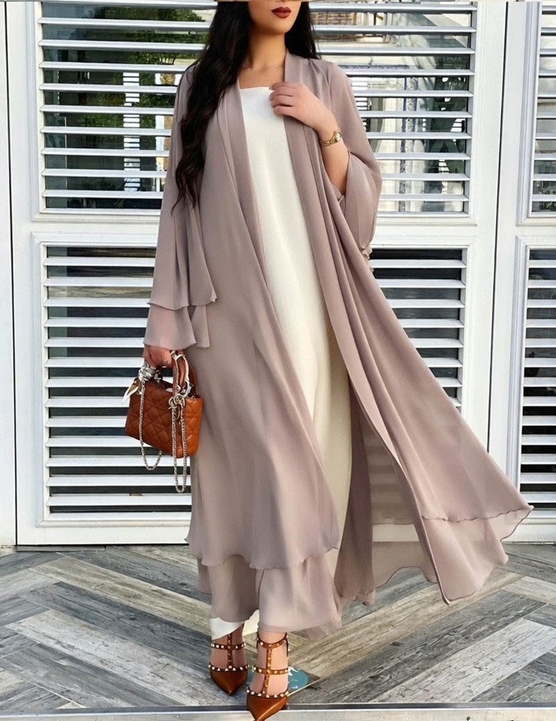 Veldris | Women's Open-Front Maxi Cardigan Layered Hem - Taupe - Image 1