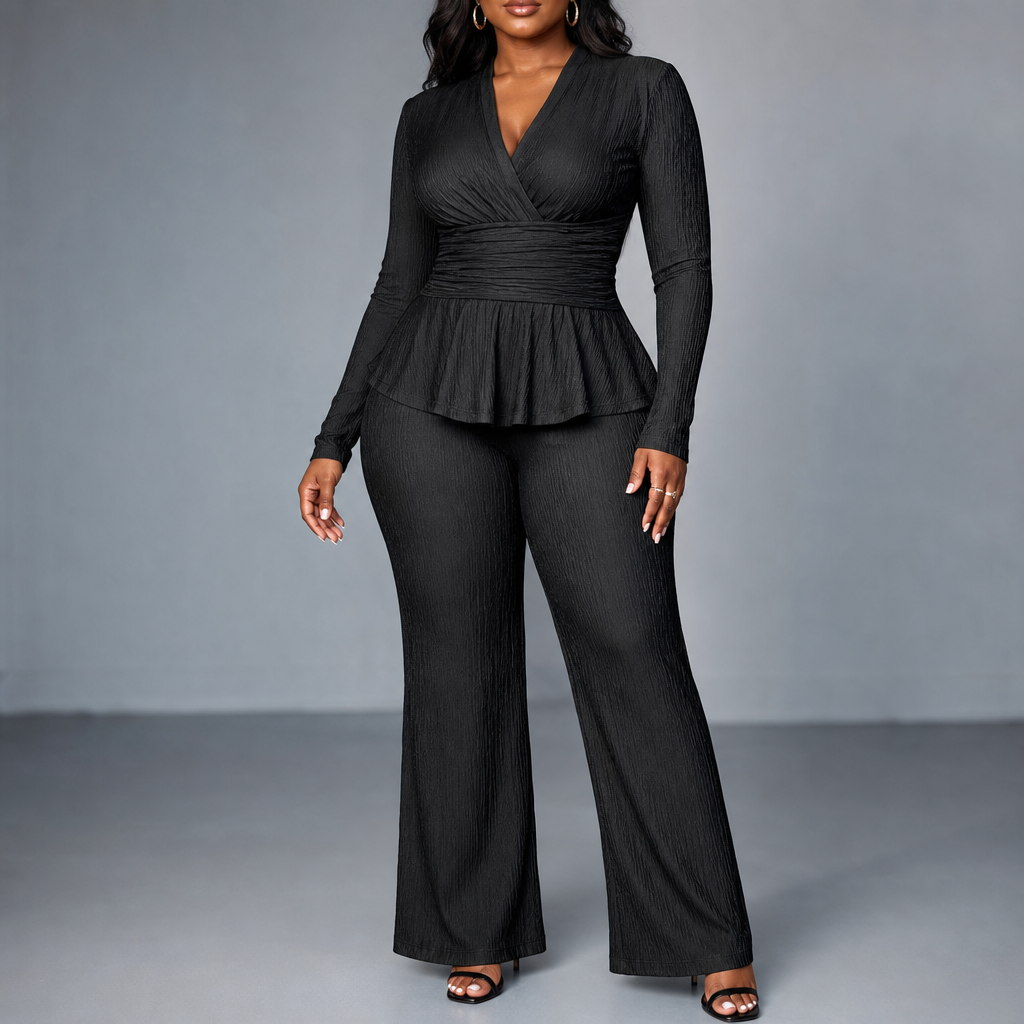 Veldris | Women's Wide Leg Trousers & Peplum Top Set - Black - Image 1
