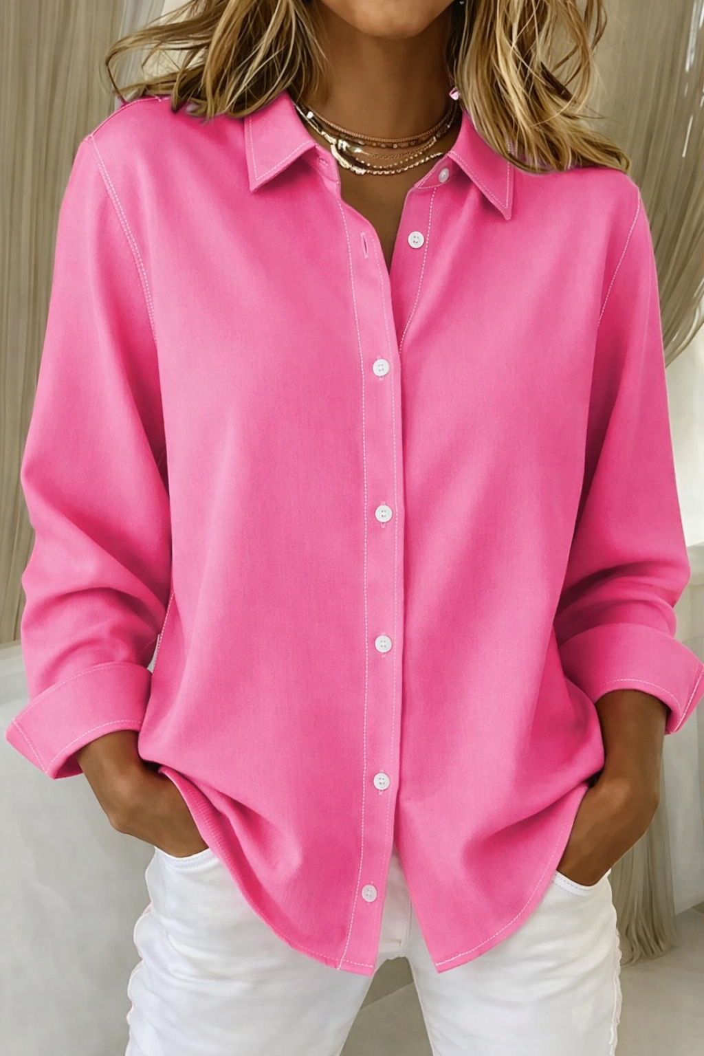 Veridian | Women's Oversized Button Blouse - Pink - Image 1