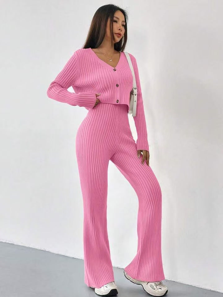 Vespelle | Women's Ribbed Cardigan & Wide-Leg Trouser Set - Pink - Image 1