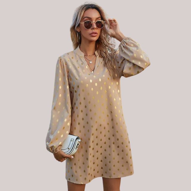 Vesperina | Women's Polka Dot Long Sleeve Mini Dress - Champagne - Image 1