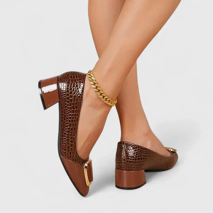 Vespiana | Women's Chain Detail Block Heel Loafers - Brown - Image 1