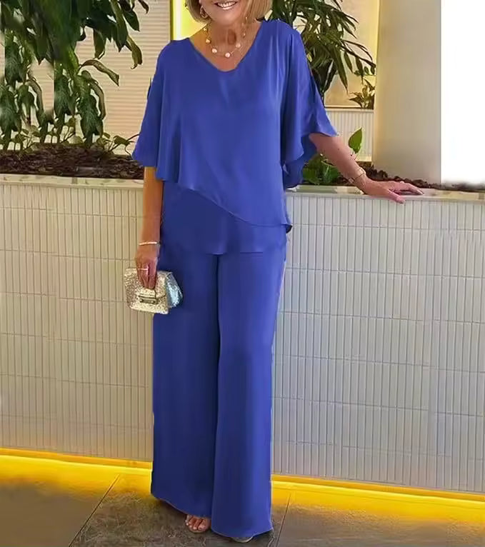Violetta | Women's V-Neck Two-Piece Set - Blue - Image 1