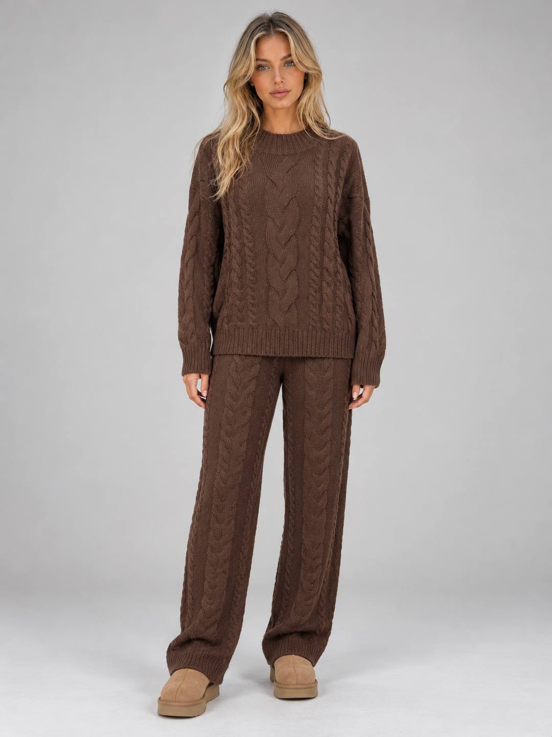 Welvara | Women's Cable Knit Jumper Co-ord Set - Brown - Image 1